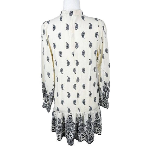 H&M Dress Women Small Beige Black Paisley All Over Print Long Sleeve Peplum Mini - Picture 4 of 15